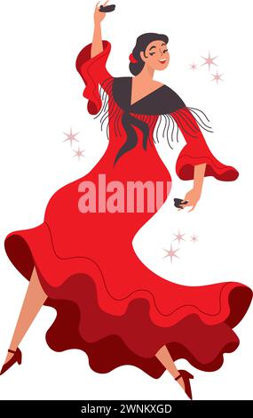 Giovane e bella ballerina di flamenco. Donna in rosso tradizionale abito spagnolo che balla con le castanette. Carattere vettoriale piatto Illustrazione Vettoriale