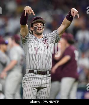 Houston, Stati Uniti. 2 marzo 2024. L'esterno dei Texas State Bobcats CAMERON THOMPSON (4) reagisce dopo una vittoria del 11-10 sui Texas Longhorns a Minute Maid Park il 2 marzo 2024 a Houston, Texas. (Foto di: Jerome Hicks/ SipaUSA) credito: SIPA USA/Alamy Live News Foto Stock