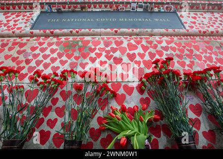 Londra, Inghilterra, Regno Unito. 3 marzo 2024. Le persone si riuniscono lungo il Covid Memorial Wall sul Tamigi Path a Westminster durante la giornata nazionale della riflessione, in onore di coloro che sono morti per Covid-19. Ogni cuore dipinto a mano sul muro rappresenta una vita persa per Covid-19 nel Regno Unito (Credit Image: © Tayfun Salci/ZUMA Press Wire) SOLO PER USO EDITORIALE! Non per USO commerciale! Crediti: ZUMA Press, Inc./Alamy Live News Foto Stock