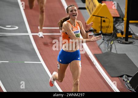 Glasgow, Regno Unito . 2 marzo 2024. Femke Bol vince l'oro nei 400m femminili ai campionati mondiali indoor 2024, Glasgow 2 marzo 2024 Credit: Martin Bateman/Alamy Live News Foto Stock