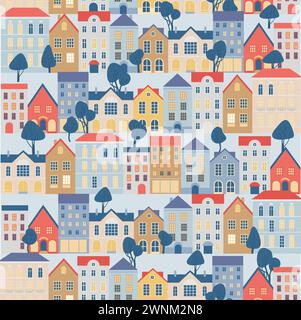 Motivo urbano senza cuciture. Sfondo infinito con piccole case e alberi carini. Stampa ripetuta di case di vecchio stile. Trama ripetibile. Colorato piatto vecto Illustrazione Vettoriale