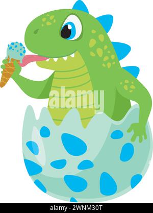 Piccolo dinosauro adorabile seduto nell'uovo e mangiando un gelato. Carattere vettoriale piatto Illustrazione Vettoriale