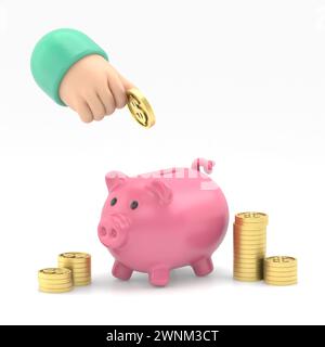 Uomo d'affari isometrico 3d piatto che mette la moneta da un dollaro nel salvadanaio. Concetto di risparmio economico e finanziario.rendering 3D su sfondo bianco. Foto Stock