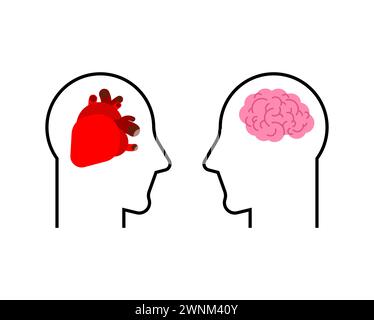 Cuore e cervello in due teste. Concetto di mente o sentimenti. Illustrazione Vettoriale