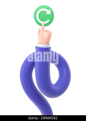 Concetto di riavvio. Riavvio della tecnologia. Mano per premere un grande pulsante rosso. Disegno piatto di illustrazione 3d.rendering 3D su sfondo bianco.concetto di bracci lunghi. Foto Stock