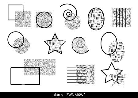 forme geometriche con punti, sfondi, titolo, stella, spirale, quadrato, ovale, rettangolare. Figure per il tuo design in nero Illustrazione Vettoriale