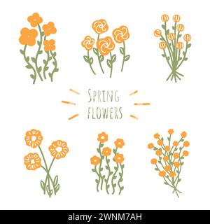 Set di sei mazzi di fiori della collezione primaverile. Varietà di fiori d'arancio in stile vintage. Illustrazione Vettoriale