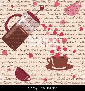 Romantico motivo senza cuciture con caffè, cuori e testo Illustrazione Vettoriale