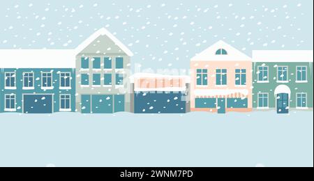 Winter City Street. Edifici in vecchio stile coperti di neve dopo una pesante bufera di neve. Illustrazione vettoriale piatta Illustrazione Vettoriale