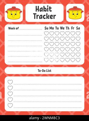 Tracker di abitudine per i bambini. Modello di foglio per la stampa. Con un carattere carino. Illustrazione vettoriale. Illustrazione Vettoriale