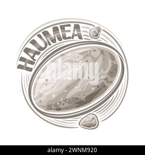 Logo vettoriale per il pianeta nano Haumea, stampa cosmo decorativa con lune rotanti Hi'iaka e Namaka intorno al pianeta ovale, poster spaziale quadrato con Unique Illustrazione Vettoriale