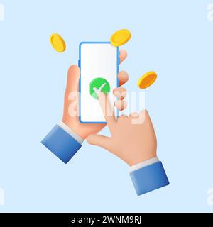 Mano 3d di un uomo d'affari che tiene in mano uno smartphone simulato circondato da una moneta d'oro, shopping online. Applicazione portafoglio elettronico. App bancaria. Trasferisci denaro V Illustrazione Vettoriale