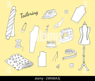 Set di utensili per cucire disegnati a mano. Adatta accessori, materiali di consumo e apparecchiature. Set di metro a nastro, macchina da cucire, filettatura, tamburo, ago, pulsanti, pi Illustrazione Vettoriale