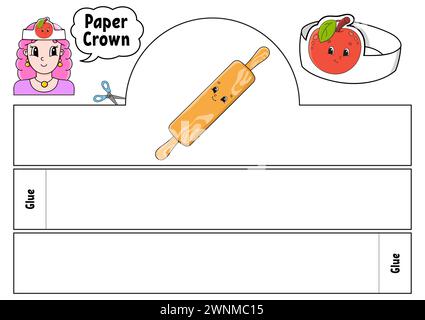 Modello corona in carta per bambini. Per giochi, torte, compleanni, vacanze. Con un carino personaggio dei cartoni animati. Isolato su sfondo bianco. Adatto per la stampa Illustrazione Vettoriale