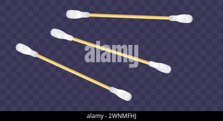 Set di batuffoli di cotone realistici. Bastoncini di cotone per orecchie. Vettore 3D. Illustrazione realistica isolata su sfondo trasparente Illustrazione Vettoriale