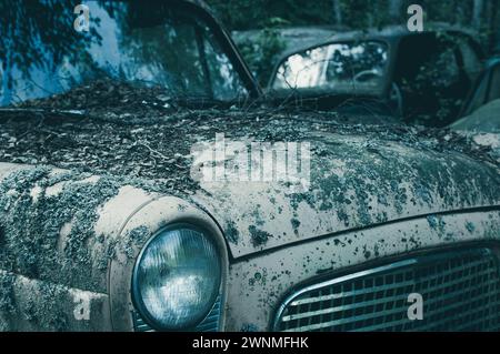 Un'auto abbandonata in un cimitero in Svezia è pesantemente coperta di muschio e sporcizia, mostrando segni di abbandono e degrado. La vernice del veicolo è a malapena visibile Foto Stock