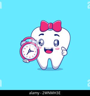 Dente con orologio in mano Flat Cartoon Character Style. Concetto di icona isolata Premium Vector Dental Health Illustrazione Vettoriale