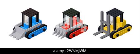Impostare l'attrezzatura per la costruzione di strade in isometria. Vettore Illustrazione Vettoriale