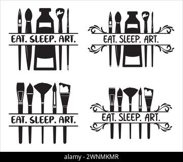 Vector, materiale d'arte, silhouette dell'artista, pennello per artista, pennello per pittura, artista monogramma, Eat Sleep Art, Heartbeat Palette, artista Silhouet Illustrazione Vettoriale