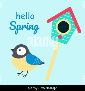 Uccellino e casetta degli uccelli. L'iscrizione ciao primavera. Illustrazione vettoriale in stile piatto. Illustrazione Vettoriale