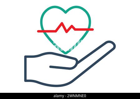 icona dell'assicurazione sulla vita. mano con battito cardiaco. emblema di protezione, sicurezza. Ideale per illustrare le polizze assicurative sulla vita e la copertura. stile icona linea. el Illustrazione Vettoriale
