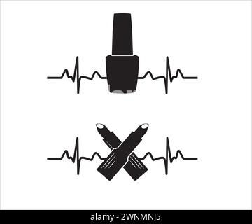 Battito cardiaco trucco, cornice monogramma split trucco. Makeup, strumento di trucco monogramma. Rossetto Vector, mascara, pennello per il trucco. Truccatrice Illustrazione Vettoriale