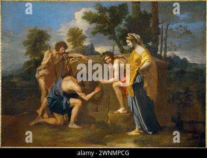 Et in Arcadia ego (noto anche come Les bergers d'Arcadie o i Pastori Arcadiani)[1] è un dipinto del 1637–38 di Nicolas Poussin (1594–1665), il principale pittore del classico stile barocco francese. Foto Stock