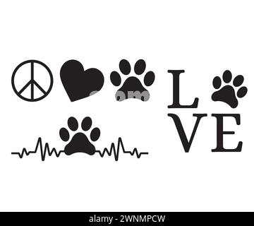 Peace Love Dog, stampe zampe, monogramma con stampa zampa, Dog Love, aw Print, stampa zampa cane svg, zampa cane Vector, zampa, cane mamma, cucciolo, zampe di cane Vector Illustrazione Vettoriale