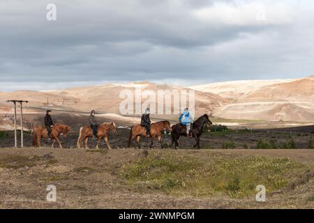Gruppo di turisti che cavalcano cavalli islandesi di colore marrone e nero sul lago Myvatn, Islanda. Foto Stock