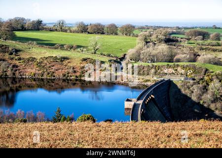 Veduta del Meldon Reservoir e della diga di Meldon (1972) da Longstone Hill, Dartmoor National Park, Devon, Inghilterra, Regno Unito. Foto Stock