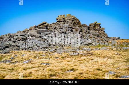 L'enorme affioramento di granito di Higher Tor su Belstone Ridge presenta un diverso schema di giunzione verticale e orizzontale. Dartmoor, Devon, Regno Unito. Foto Stock