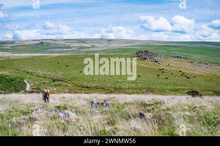 Due escursionisti a Ringmoor giù, con Regis Tor a destra e lontano Hen Tor a sinistra. Dartmoor National Park, Devon, Inghilterra, Regno Unito. Foto Stock