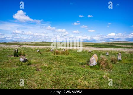 Ringmoor giù cerchio di pietre, un basso cairn con cordolo di pietre stazionarie all'estremità meridionale di una fila di pietre. Dartmoor National Park, Devon, Regno Unito. Foto Stock