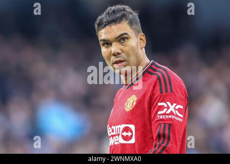 Casemiro del Manchester United durante la partita di Premier League Manchester City vs Manchester United all'Etihad Stadium, Manchester, Regno Unito, 3 marzo 2024 (foto di Mark Cosgrove/News Images) Foto Stock