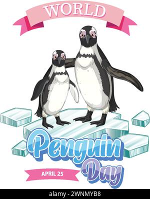 Due pinguini sul ghiaccio, bandiera della giornata mondiale dei pinguini Illustrazione Vettoriale