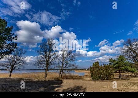 Serbatoio d'acqua a Poraj in primavera su un lago in Polonia Foto Stock