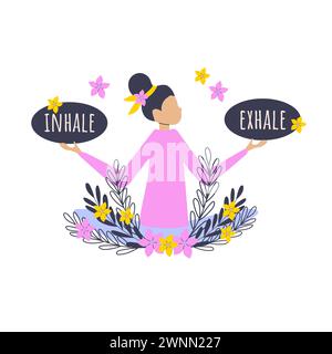 Ragazza con messaggi inalati, espirati decorati con fiori e foglie. Concetto di benessere vettoriale e relax. Illustrazione Vettoriale