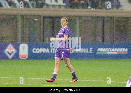 Firenze, Italia. 3 marzo 2024. Firenze, Italia, 3 marzo 2024: Miriam Longo (7 Fiorentina) durante la partita di semifinale di Coppa Italia femminile tra Fiorentina e Juventus Women al Viola Park di Firenze. (Sara Esposito/SPP) credito: SPP Sport Press Photo. /Alamy Live News Foto Stock