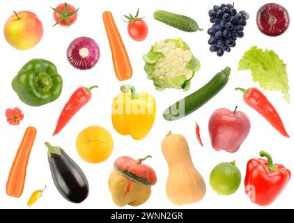 Grande set caduta di verdure e frutta isolato su sfondo bianco. Foto Stock