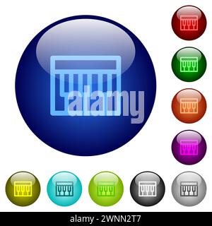Icone del contorno della tastiera con pianoforte sui pulsanti rotondi in vetro in più colori. Struttura di livello disposta Illustrazione Vettoriale