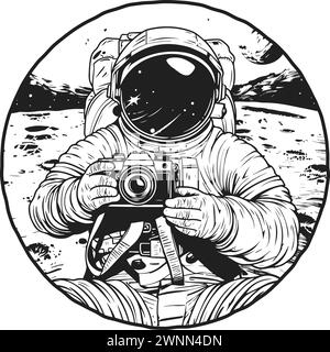 Astronauta con una fotocamera sul pianeta alieno, in stile grafico in bianco e nero. Illustrazione vettoriale Illustrazione Vettoriale