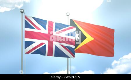 Bandiera 3D del Regno Unito e Timor Est Est Est Est sul cielo blu con Sun Shine Foto Stock