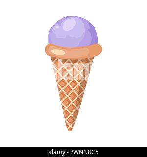 Gelato alla lavanda. Tre palline di dolce cremoso in un cono di waffle. Sorbetto viola. Illustrazione vettoriale su sfondo bianco. Illustrazione Vettoriale