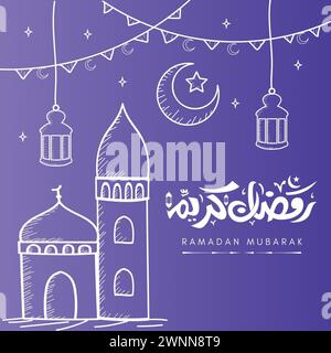 Ramadan Kareem Calligrafia araba biglietto di auguri in Vector per musulmani sfondo viola Illustrazione Vettoriale