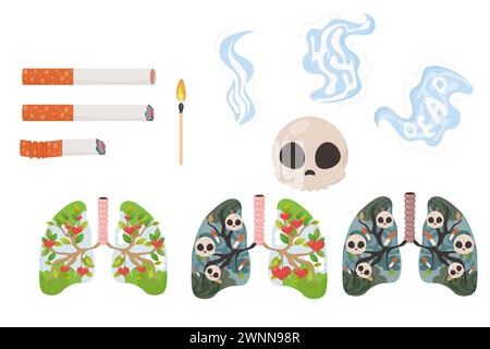 Danno al fumo, giorno senza tabacco, cranio, sigarette, polmoni, fumo. Vettore su sfondo bianco. Illustrazione Vettoriale