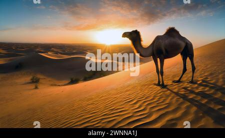 Un cammello solitario sorge sotto il deserto del tramonto nel deserto di Dammam, in Arabia Saudita. Foto Stock