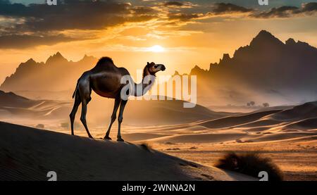 Un cammello solitario sorge sotto il deserto del tramonto nel deserto di Dammam, in Arabia Saudita. Foto Stock