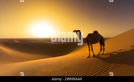 Un cammello solitario sorge sotto il deserto del tramonto nel deserto di Dammam, in Arabia Saudita. Foto Stock