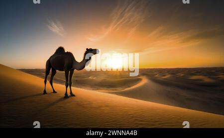 Un cammello solitario sorge sotto il deserto del tramonto nel deserto di Dammam, in Arabia Saudita. Foto Stock