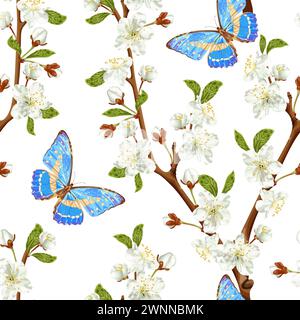 Motivo primaverile senza cuciture con fiori di ciliegio e farfalla blu. Fiori bianchi. Illustrazione Vettoriale